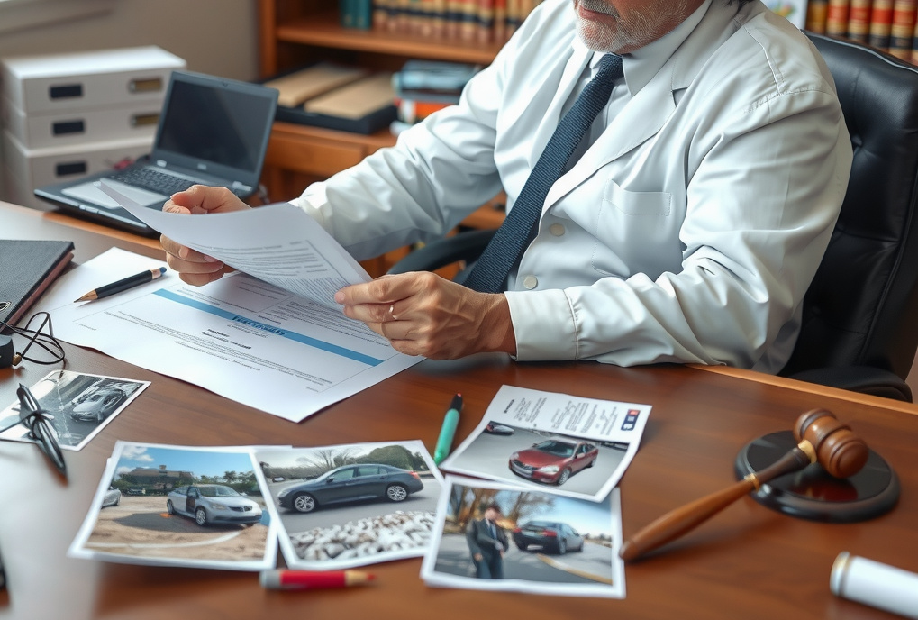 An experienced car accident lawyer sitting at a desk in an office, reviewing legal documents, with photos of car crashes and accident scene evidence scattered around.