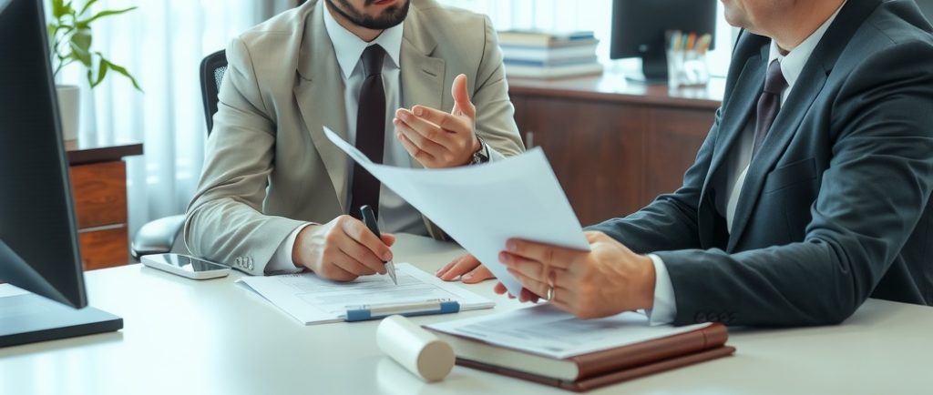 A car accident lawyer discussing a case with a client in a professional office setting